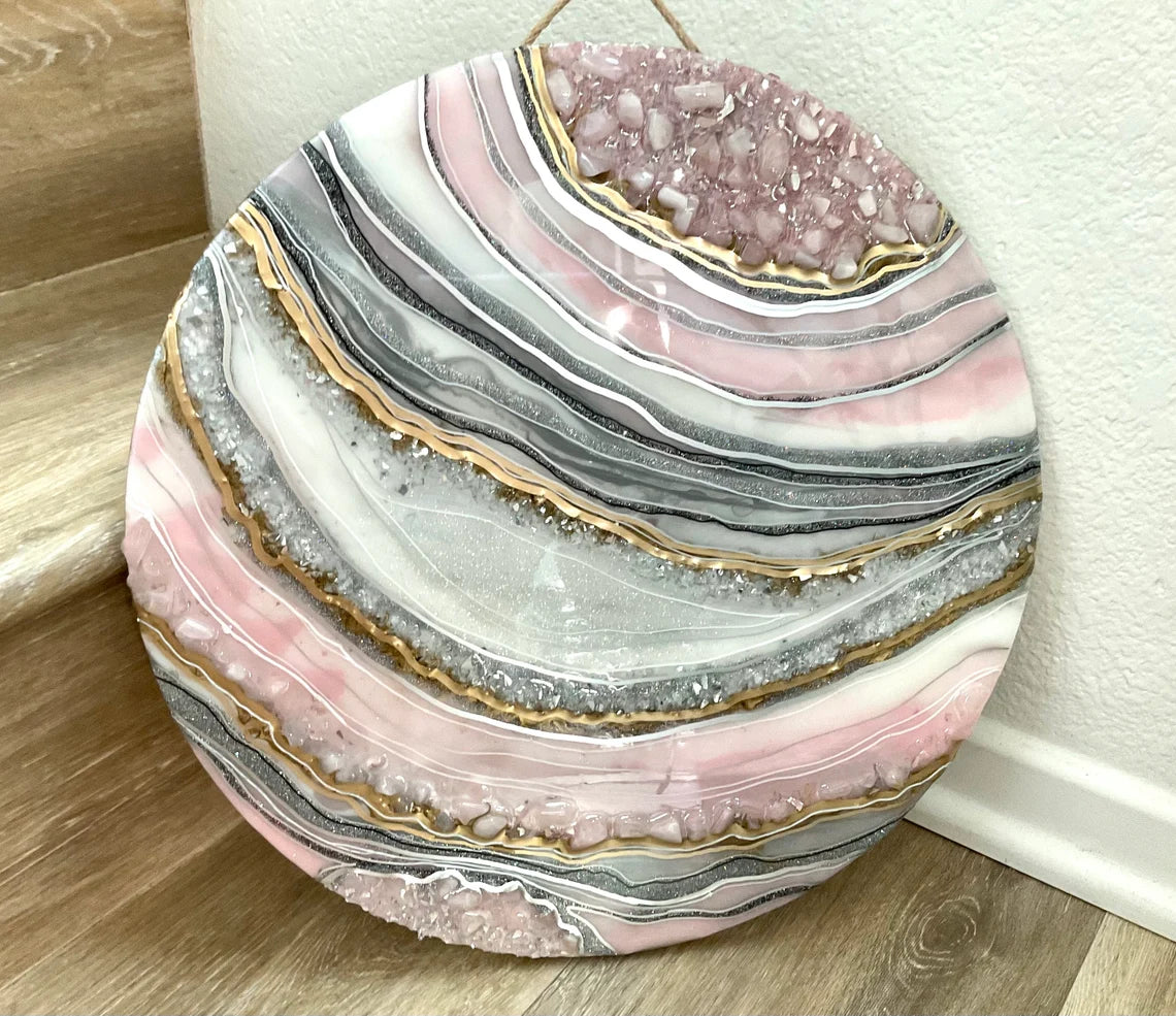 Blush Pink Gold And Gray Round Resin Wall Art - Ann Taylor Creation and Designs