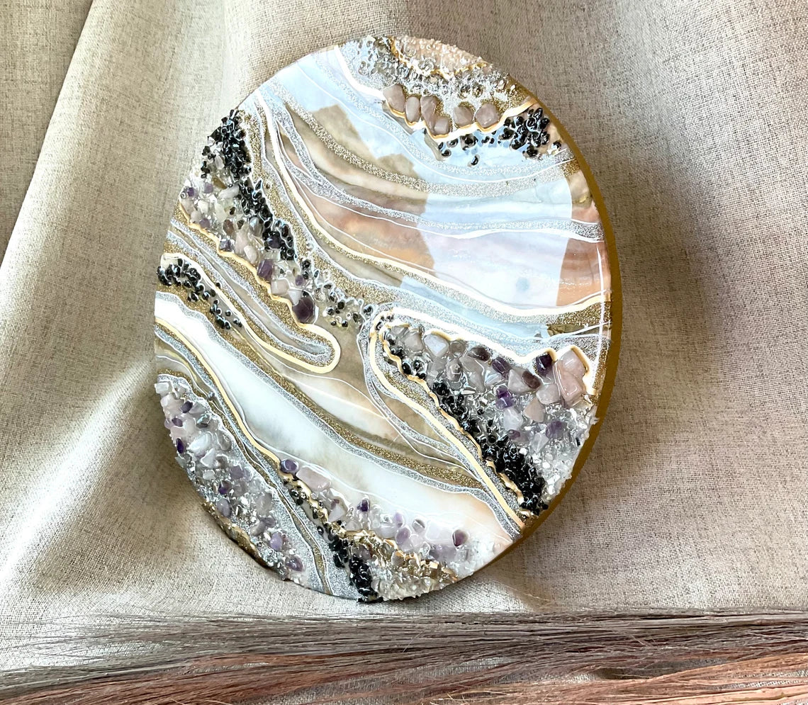 Black Mauve Rose Quartz And Gold Round Resin Art - Ann Taylor Creation and Designs