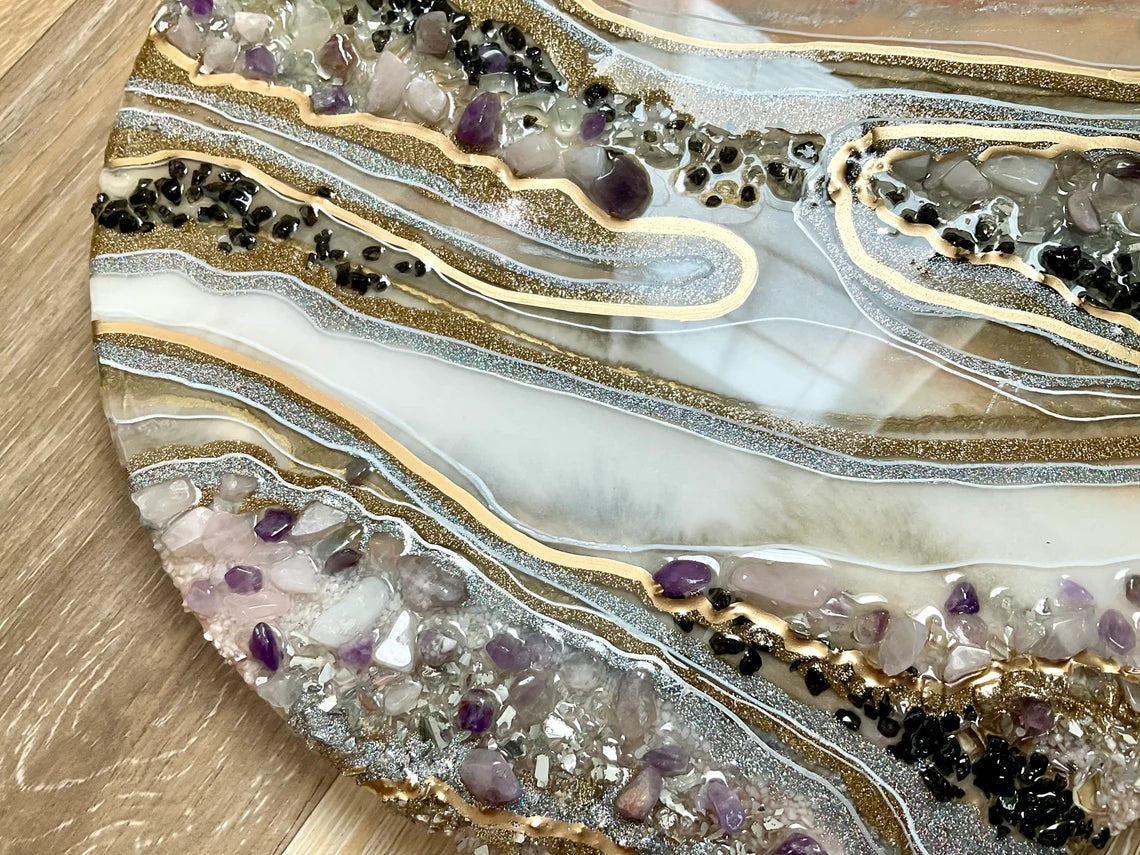 Black Mauve Rose Quartz & Gold Round Resin Wall Art - Ann Taylor Creation and Designs