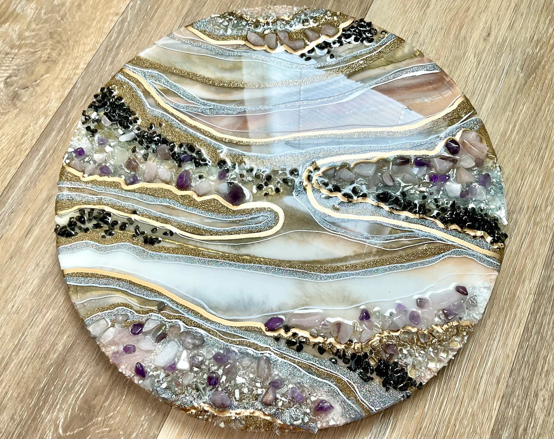 Black Mauve Rose Quartz And Gold Round Resin Art - Ann Taylor Creation and Designs