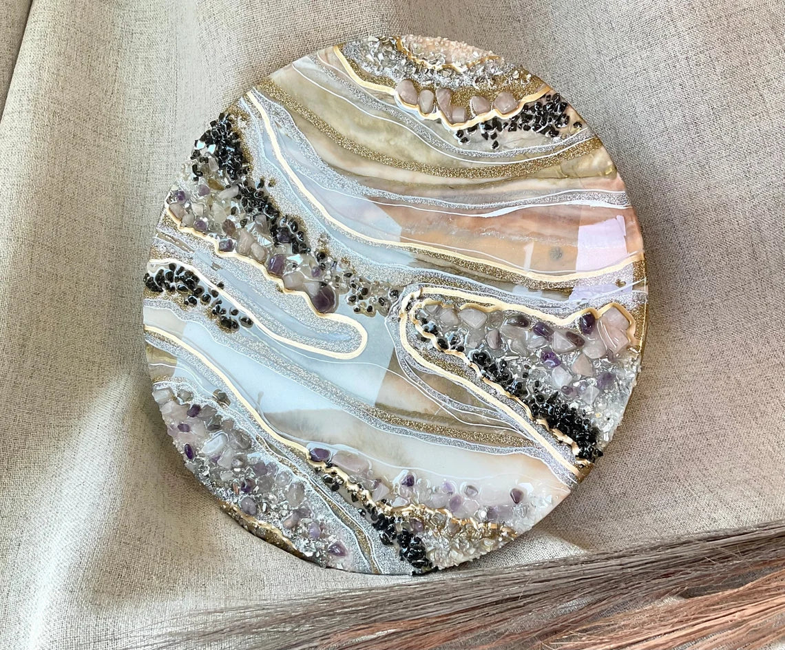 Black Mauve Rose Quartz And Gold Round Resin Art - Ann Taylor Creation and Designs