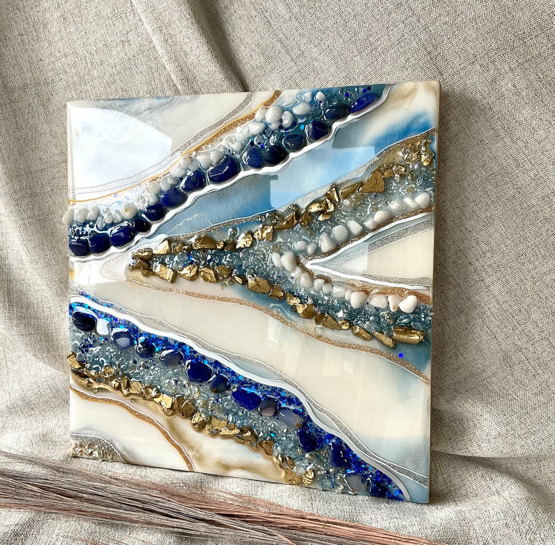 Royal Blue White & Gold Resin Wall Art