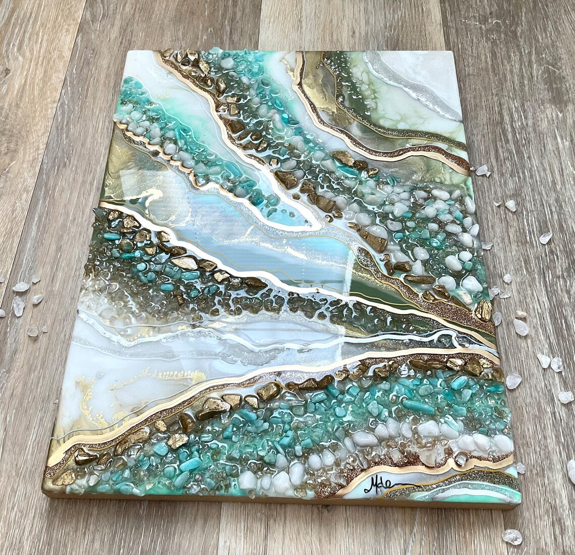 Aqua And Gold Resin Wall Art