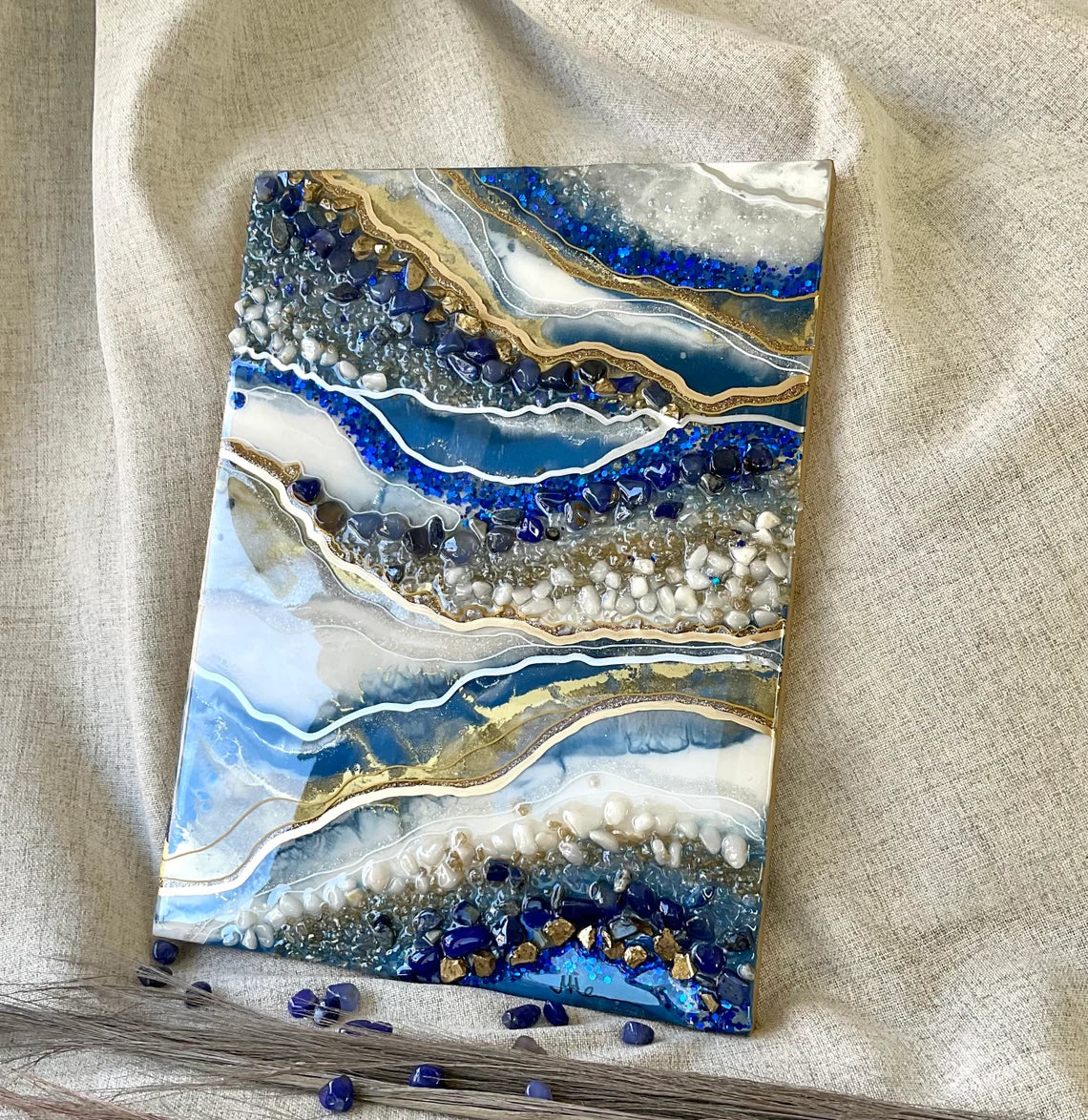 Royal Blue White & Gold Resin Wall Art