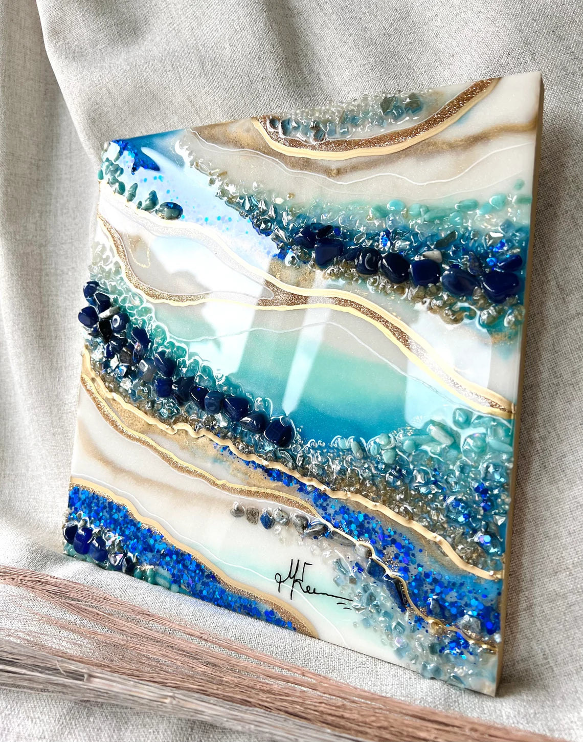 Sapphire White And Gold Resin Wall Art - Ann Taylor Creation and Designs